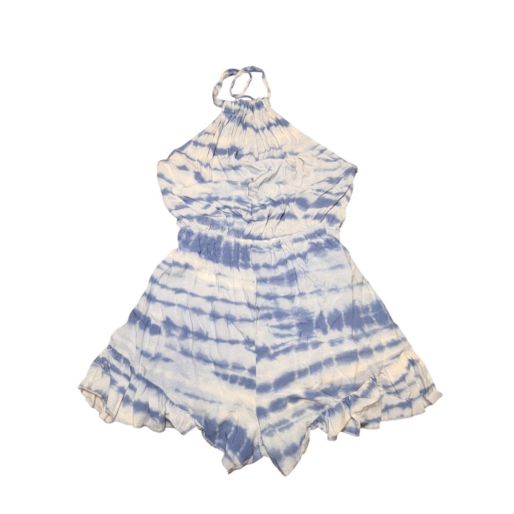 Audrey 3+1 Blue Tie Dye Halter Romper Rayon Ruffle Hem S
